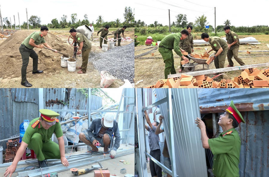 Cán bộ, chiến sĩ Công an tỉnh Cà Mau hỗ trợ ngày công xây dựng nhà cho các hộ dân khó khăn.