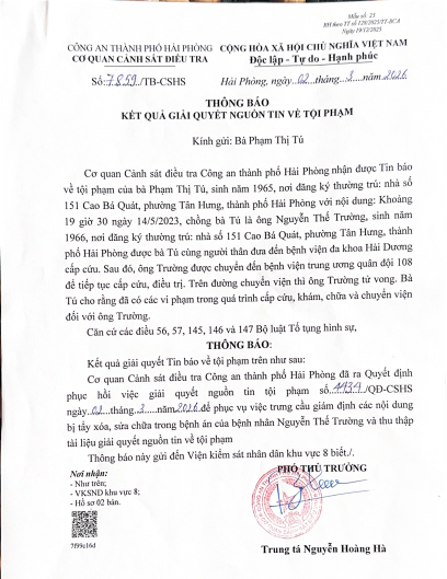Thông báo phục hồi nguồn tin tội phạm của Công an TP Hải Phòng gửi cho bà Phạm Thị Tú. (Bà Tú cung cấp).