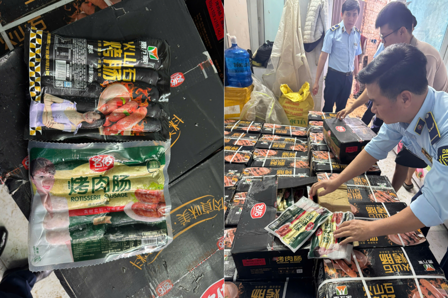 1.408 gói xúc xích các loại, tương đương 968 kg xúc xích có dấu hiệu nhập lậu bị lực lượng chức năng phát hiện, tạm giữ