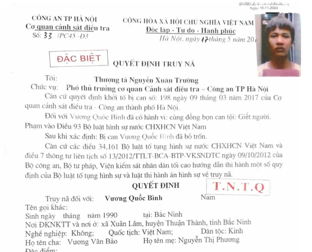 Quyết định truy nã đối tượng Vương Quốc Bình. Ảnh: CA Hà Nội.