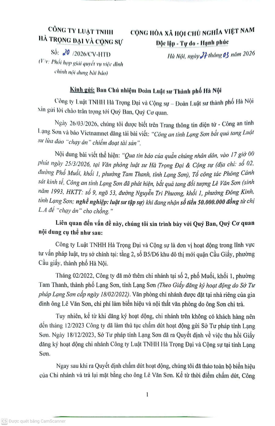 Công văn của Công ty luật TNHH Hà Trọng Đại và Cộng sự gửi các đơn vị liên quan.