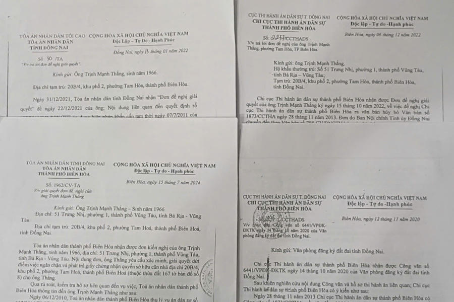 Một số trong nhiều văn bản của tòa án và cơ quan thi hành án dân sự trả lời ông Thắng. (ảnh đương sự cung cấp).