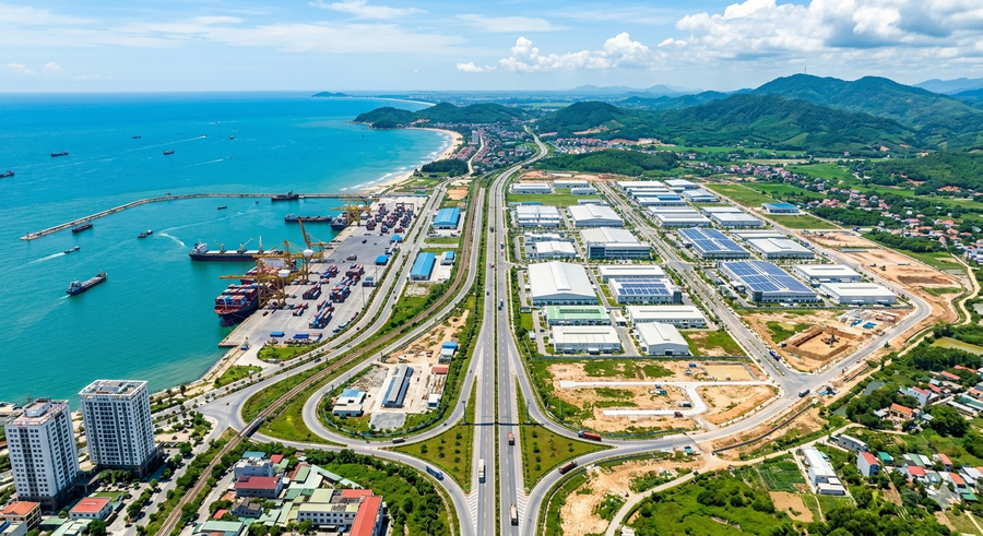 Mở rộng Khu kinh tế Đông Nam Nghệ An lên hơn 104.000 ha, tạo động lực phát triển công nghiệp đa ngành và thúc đẩy kinh tế vùng. (Ảnh minh họa AI)