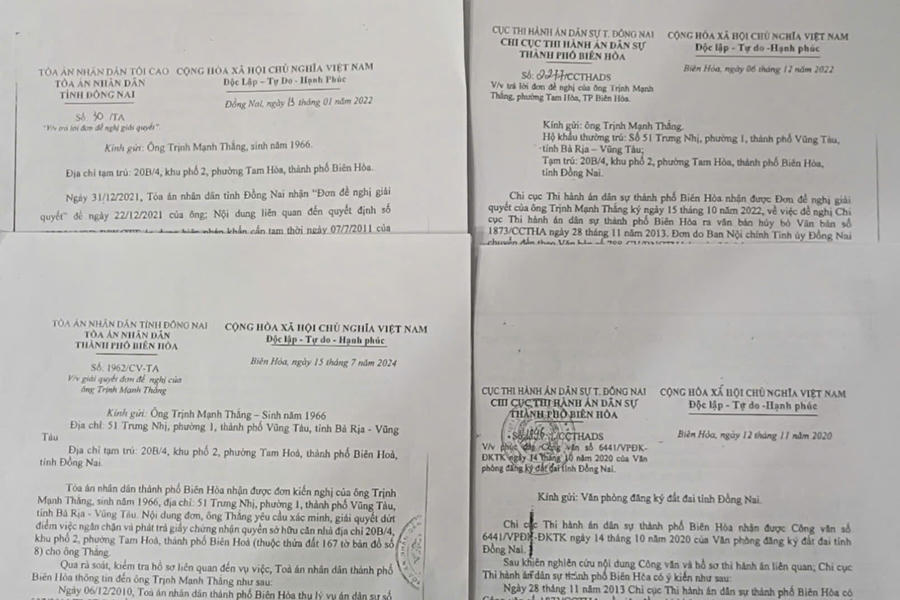 Một số trong nhiều văn bản của tòa án và cơ quan thi hành án dân sự trả lời ông Thắng.