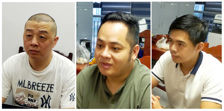 Các đối tượng Xiang Guoquan, Trần Việt Huy, Võ Tấn Hiệp (từ trái qua phải)