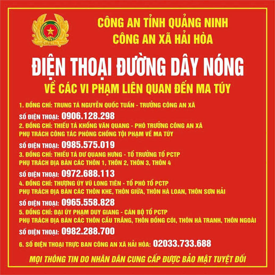 Công an xã Hải Hòa công khai số điện thoại đường dây nóng tiếp nhận, xử lý thông tin liên quan đến ma túy, tạo thuận lợi để người dân kịp thời tố giác vi phạm.