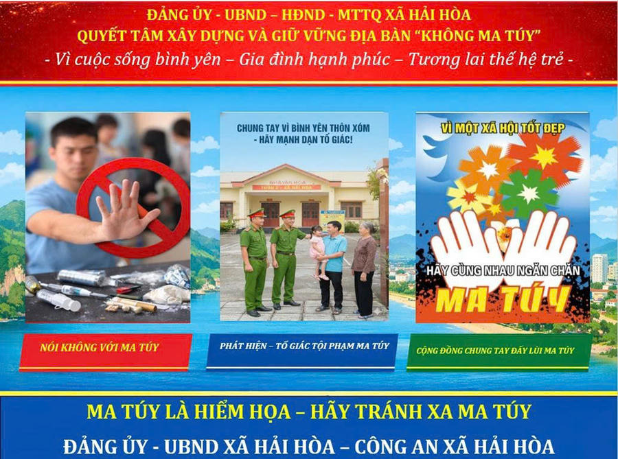 Pano tuyên truyền phòng, chống ma túy được xã Hải Hòa đẩy mạnh tại cơ sở, góp phần nâng cao nhận thức cộng đồng và giữ vững địa bàn không ma túy. Pano tuyên truyền phòng, chống ma túy được xã Hải Hòa đẩy mạnh tại cơ sở, góp phần nâng cao nhận thức cộng đồng và giữ vững địa bàn không ma túy.