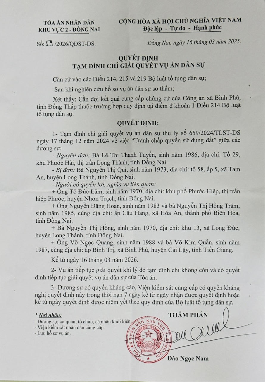 Quyết định tạm đình chỉ của TAND khu vực 2 - Đồng Nai gây nhiều boăn khoăn.