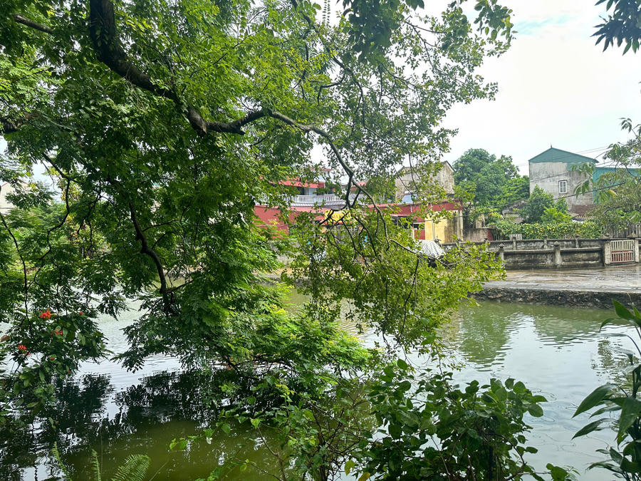 Trước ngôi đền là một hồ nước nhỏ quanh năm xanh mát.