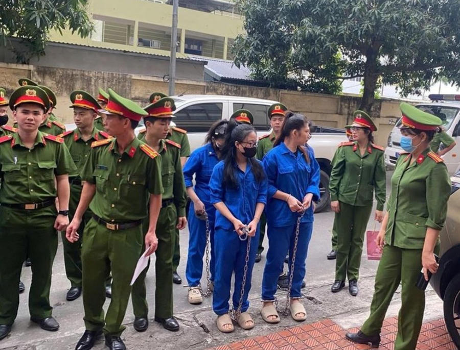 Các bị cáo trong đường dây mua bán cần sa liên tỉnh bị áp giải đến tòa; tang vật, phương tiện đóng gói và số tiền giao dịch lớn được cơ quan chức năng thu giữ.