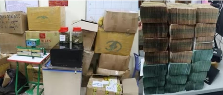 Các bị cáo trong đường dây mua bán cần sa liên tỉnh bị áp giải đến tòa; tang vật, phương tiện đóng gói và số tiền giao dịch lớn được cơ quan chức năng thu giữ.