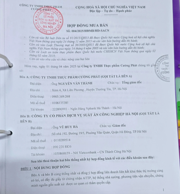Hợp đồng mua bán thực phẩm giữa Công ty cổ phần dịch vụ suất ăn công nghiệp Hà Nội ký với&nbsp;Công ty TNHH Thực phẩm Cường Phát.