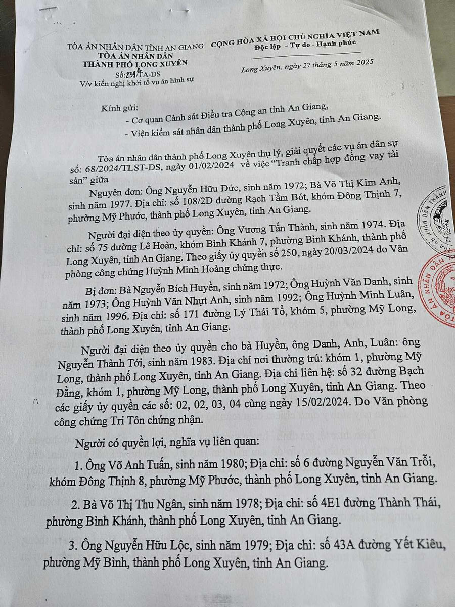 Văn bản kiến nghị của TAND TP Long Xuyên, nay là TAND Khu vực 9 - tỉnh An Giang.