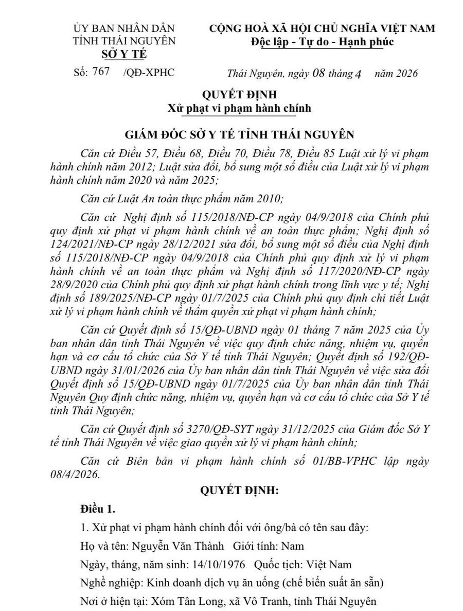 Quyết định xử phạt vi phạm hành chính đối với ông Nguyễn Văn Thành
