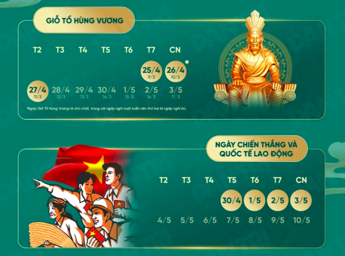 Chi tiết lịch nghỉ lễ Giỗ Tổ Hùng Vương, ngày Quốc tế lao động (Thiết kế: Khương Quỳnh).