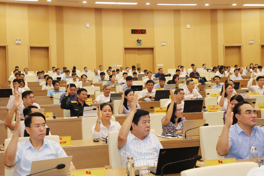 Đại biểu biểu quyết thông qua Nghị quyết Hội nghị BCH Đảng bộ tỉnh lần thứ 9. (Ảnh: CTTĐT tỉnh Lào Cai).