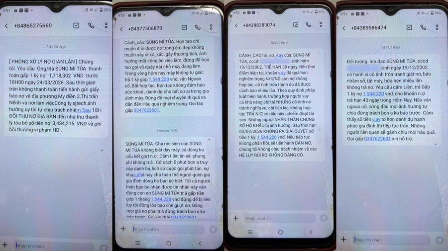 Các tin nhắn đe dọa, uy hiếp của đối tượng lừa đảo. (Ảnh: CA Tuyên Quang).