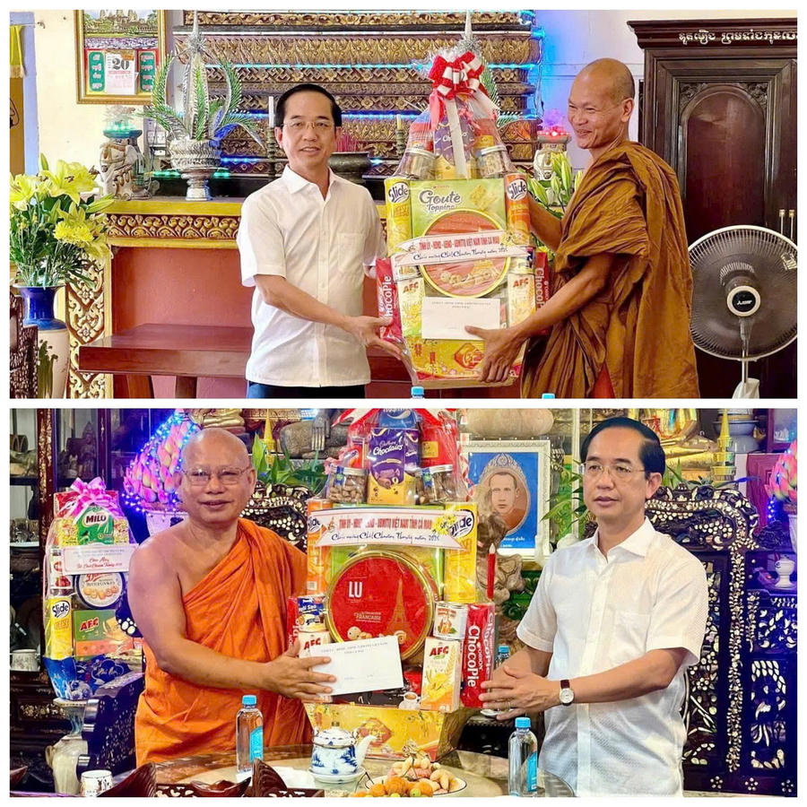 Ông Hồ Thanh Thủy thăm, chúc Tết Chôl Chnăm Thmây tại chùa Soryaram (chùa Giữa) và chùa Buppharam (chùa Chót) - ấp Cái Giá, xã Hưng Hội, góp phần thắt chặt khối đại đoàn kết toàn dân tộc và tạo không khí vui tươi trong đồng bào Khmer.