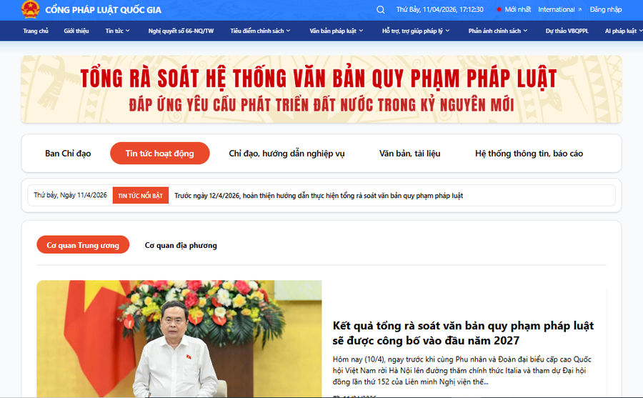 Bộ Tư pháp vừa chính thức vận hành chuyên mục Tổng rà soát hệ thống văn bản quy phạm pháp luật trên Cổng Pháp luật quốc gia. (Ảnh chụp màn hình)