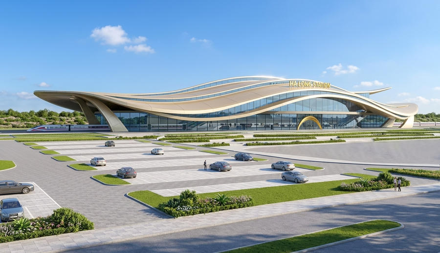 Phối cảnh phương án kiến trúc của công trình Nhà ga Hạ Long xanh - điểm cuối của Dự án Tuyến đường sắt tốc độ cao Hà Nội – Quảng Ninh. Phối cảnh phương án kiến trúc của công trình Nhà ga Hạ Long xanh - điểm cuối của Dự án Tuyến đường sắt tốc độ cao Hà Nội – Quảng Ninh.
