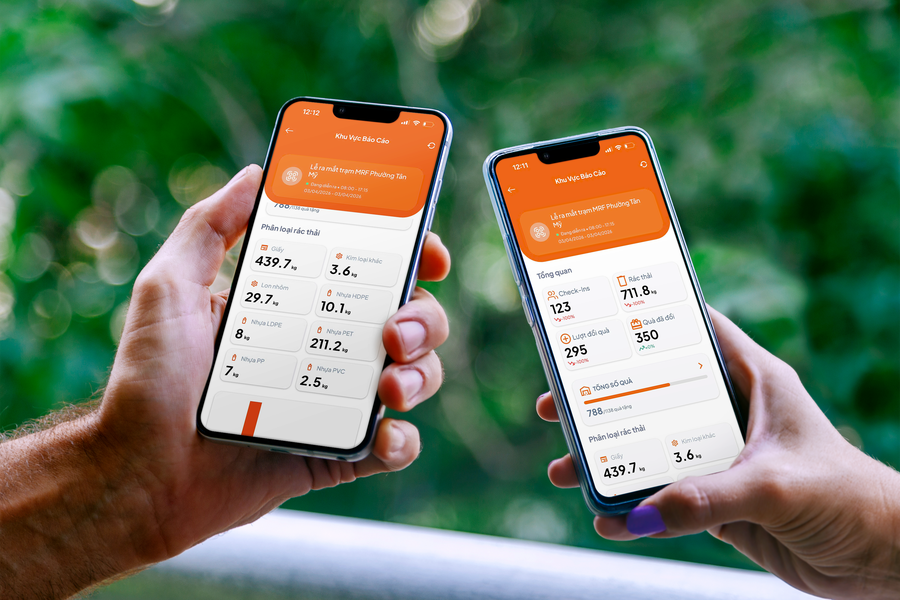 Người dân có thể nắm bắt khối lượng rác thu gom và phân loại theo từng nhóm vật liệu được ghi nhận từ thực tế trên điện thoại.