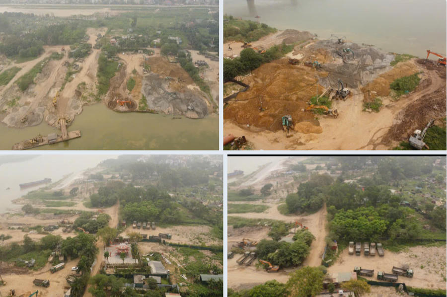 Nhìn từ trên cao, bãi trung chuyển còn làm kè lấn sông Hồng để bốc dỡ hàng lên, xuống tàu gây ảnh hưởng đến dòng chảy và cản trở thoát lũ.