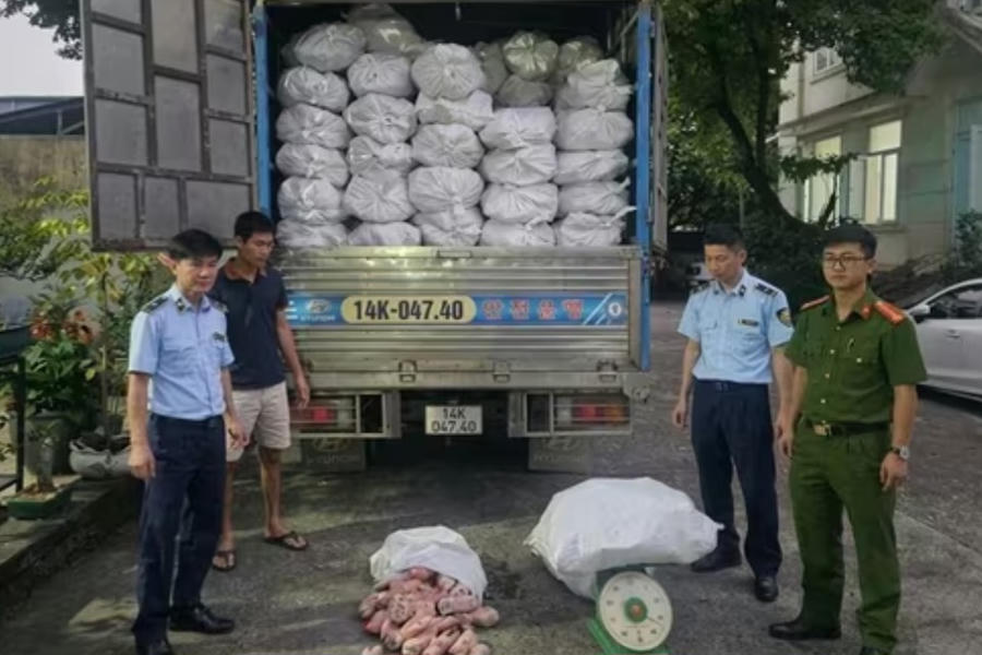 Lực lượng chức năng Quảng Ninh thu giữ 12.240kg chân lợn đông lạnh không rõ nguồn gốc ngày 7/4.