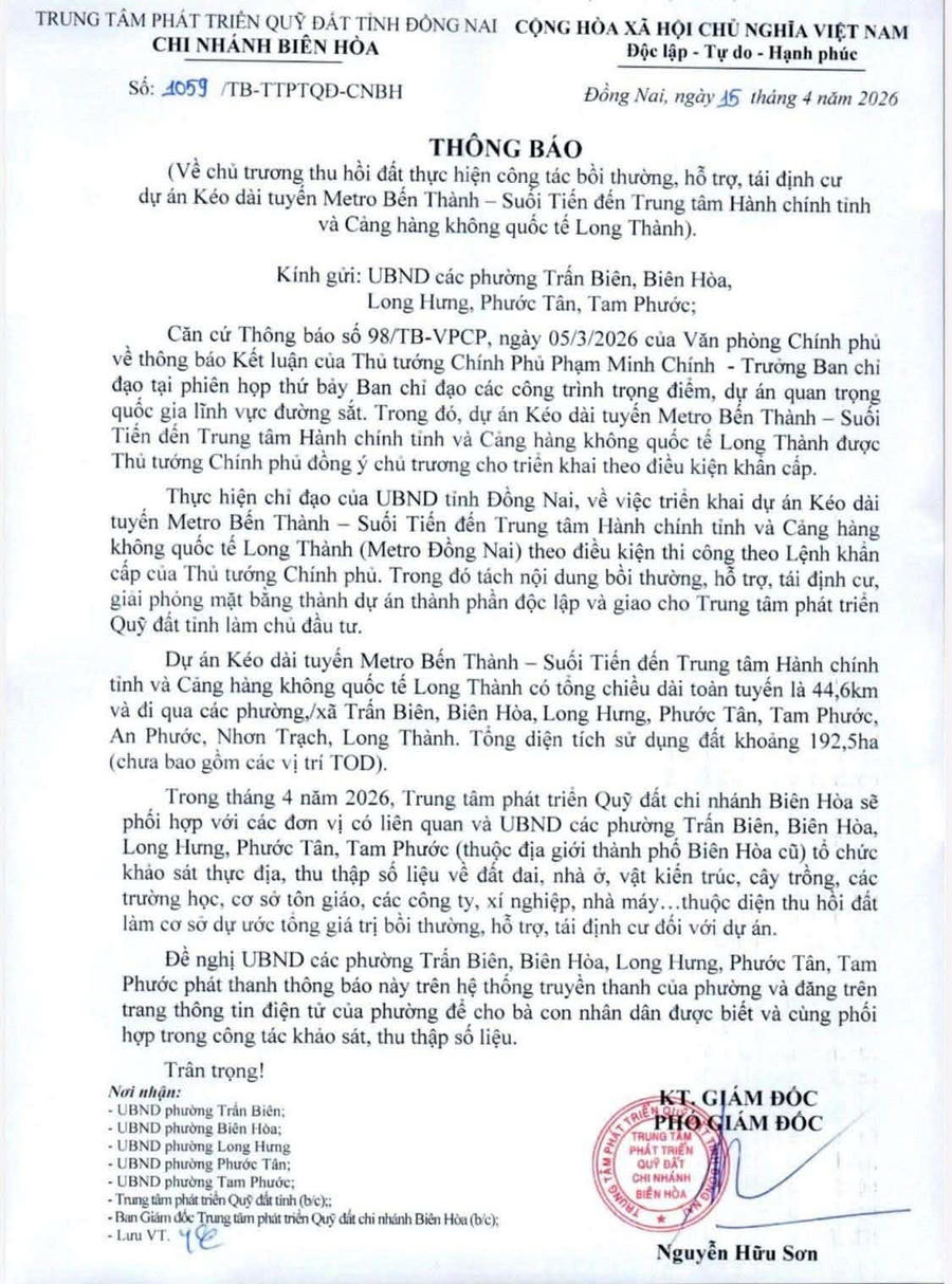 Thông báo của Trung tâm Phát triển quỹ đất tỉnh Đồng Nai – Chi nhánh Biên Hòa.