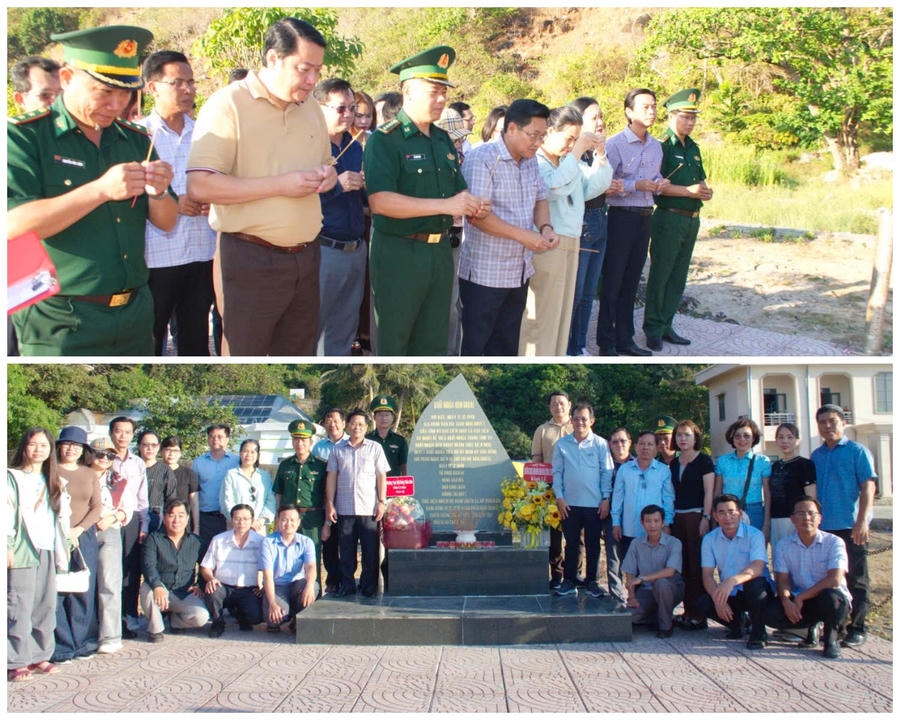 Đoàn công tác dâng hương bia tưởng niệm khởi nghĩa Hòn Khoai và chụp ảnh lưu niệm.