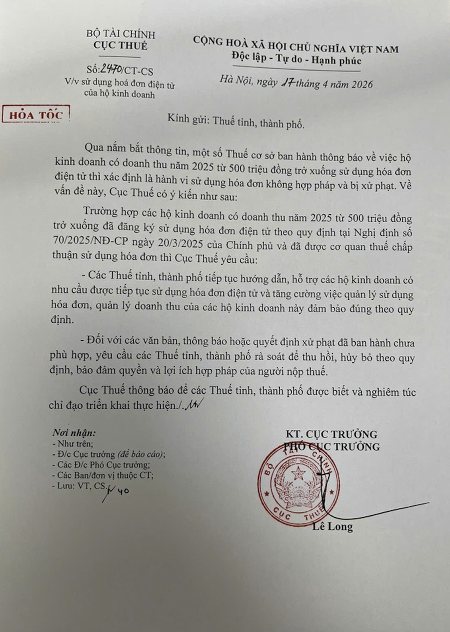 Công văn hoả tốc của Cục Thuế gửi thuế tỉnh và thành phố