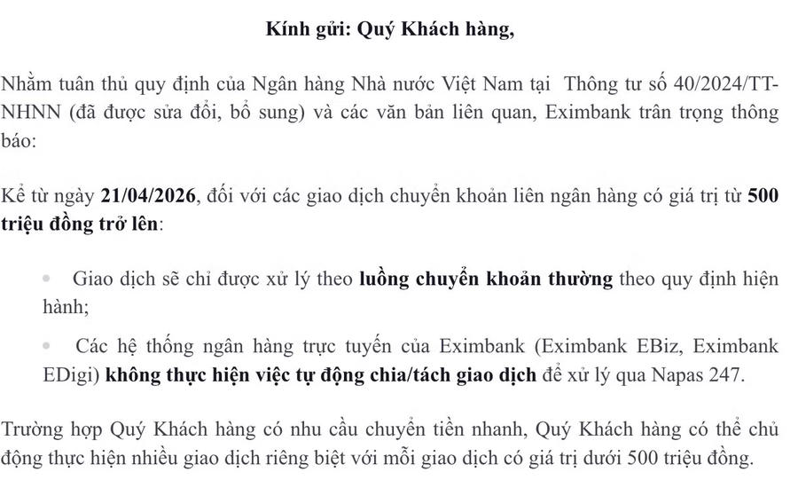 Ngân hàng TMCP Xuất Nhập khẩu Việt Nam (Eximbank) phát đi thông báo tới khách hàng.