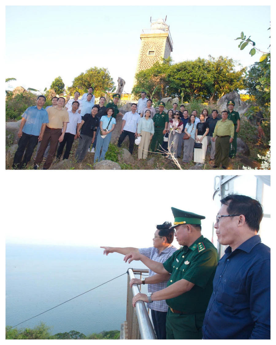 Đoàn thăm, làm việc với các lực lượng làm nhiệm vụ trên đảo gồm: Trạm Hải đăng Hòn Khoai, Trạm Ra đa 595 và Hạt Kiểm lâm Hòn Khoai.