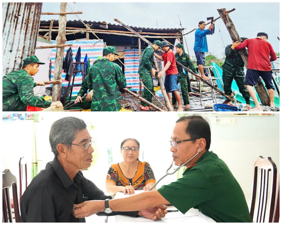 Cán bộ, chiến sĩ Đồn Biên phòng Đất Mũi hỗ trợ người dân sửa chữa nhà ở, khắc phục hậu quả thiên tai; Quân y Đồn Biên phòng Gành Hào khám bệnh, cấp thuốc miễn phí cho người dân nghèo khu vực biên giới biển.