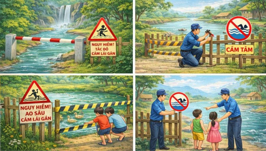 Lắp đặt biển cảnh báo, rào chắn tại các khu vực tiềm ẩn nguy cơ đuối nước.