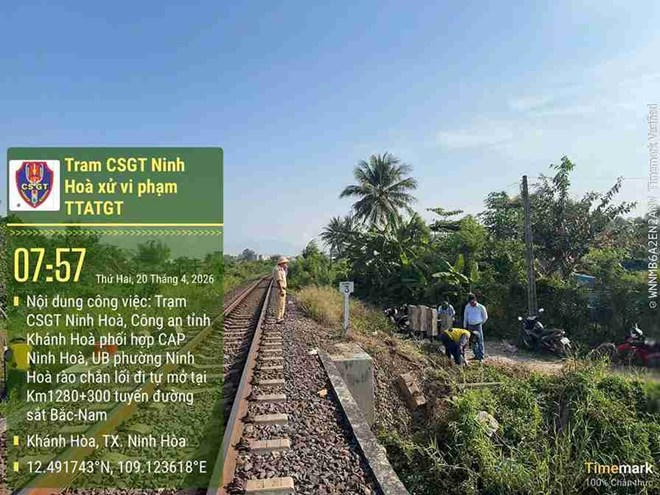 Cảnh sát giao thông Khánh Hòa đóng 2 lối đi tự mở trái phép qua đường sắt. Ảnh: Phòng CSGT