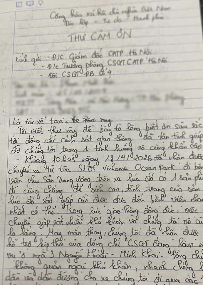 Bức thư cảm ơn tài xế Đ gửi đến Phòng CSGT.
