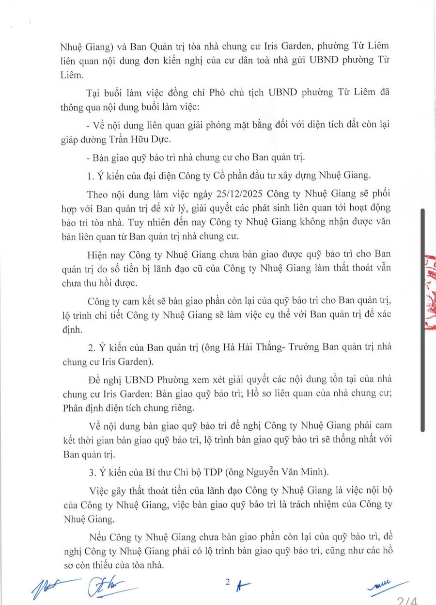 Biên bản làm việc giữa UBND phường Từ Liêm, Chủ đầu tư là Công ty cổ phần đầu tư xây dựng Nhuệ Giang, Ban quản trị chung cư Iris Garden, đại diện tổ dân phố.