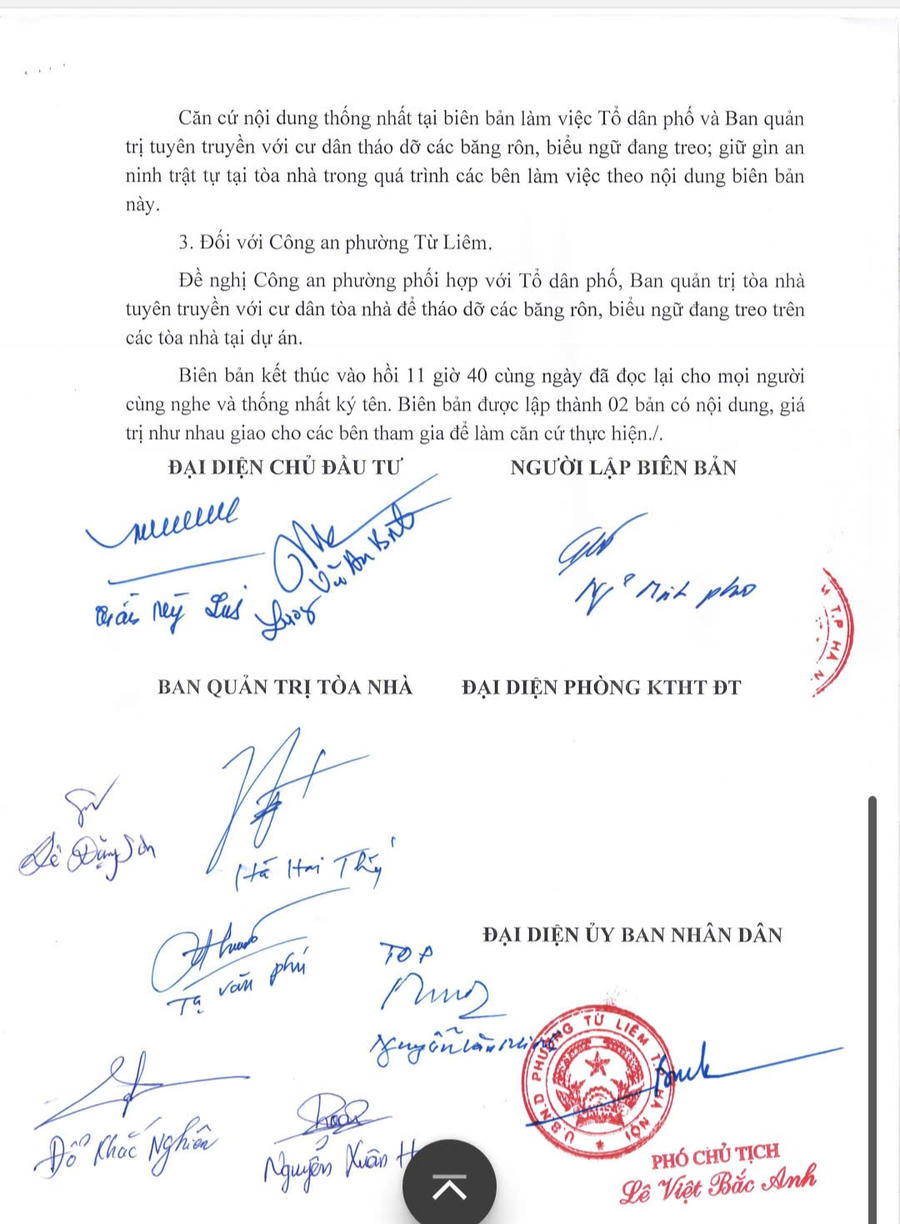 Biên bản làm việc giữa UBND phường Từ Liêm, Chủ đầu tư là Công ty cổ phần đầu tư xây dựng Nhuệ Giang, Ban quản trị chung cư Iris Garden, đại diện tổ dân phố.