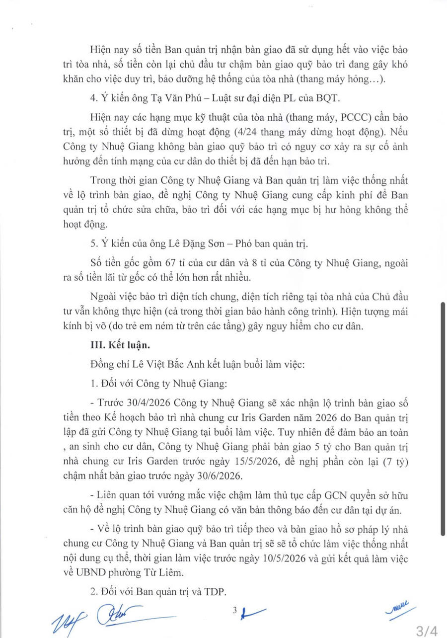 Biên bản làm việc giữa UBND phường Từ Liêm, Chủ đầu tư là Công ty cổ phần đầu tư xây dựng Nhuệ Giang, Ban quản trị chung cư Iris Garden, đại diện tổ dân phố.