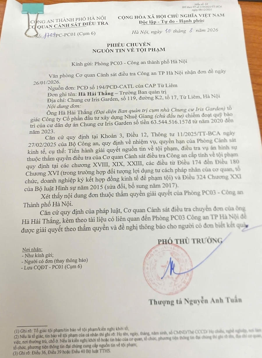 Phiếu chuyển đơn của Cơ quan cảnh sát điều tra Công an TP Hà Nội cho phòng PC03 Công an Tp Hà Nội để xem xét thụ lý điều tra nguồn tin về tội phạm. Ảnh Ban quản trị chung cư Iris Garden cung cấp.
