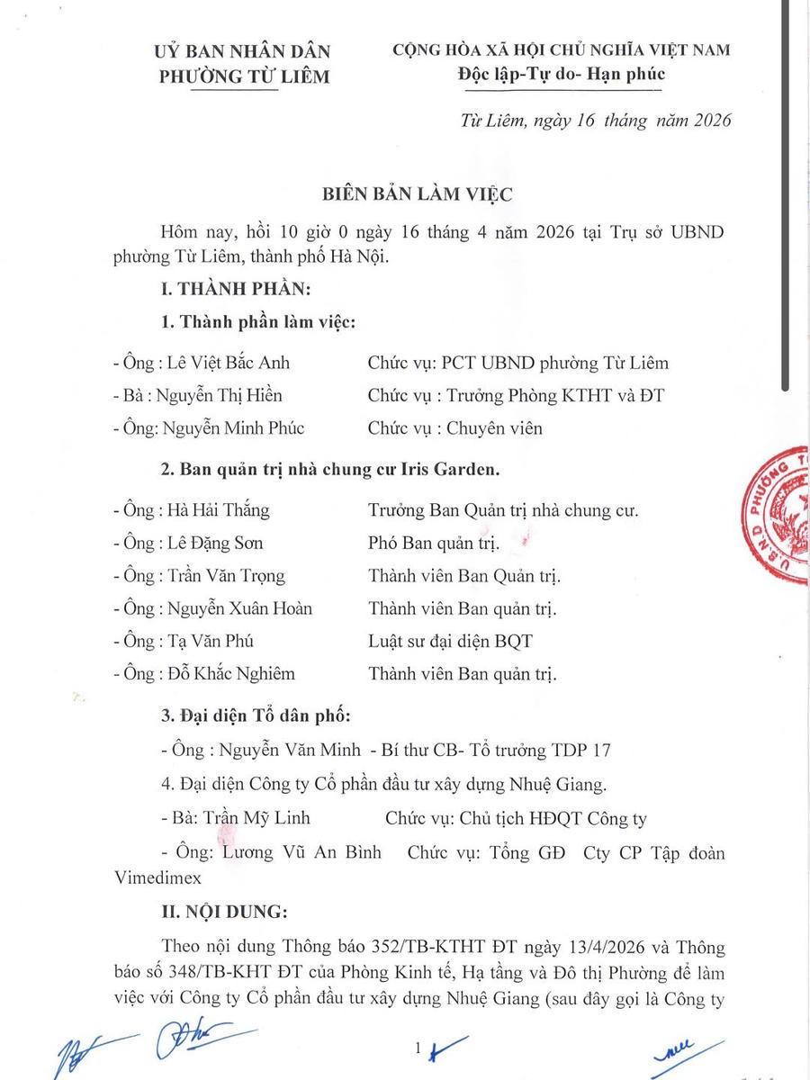 Biên bản làm việc giữa UBND phường Từ Liêm, Chủ đầu tư là Công ty cổ phần đầu tư xây dựng Nhuệ Giang, Ban quản trị chung cư Iris Garden, đại diện tổ dân phố.