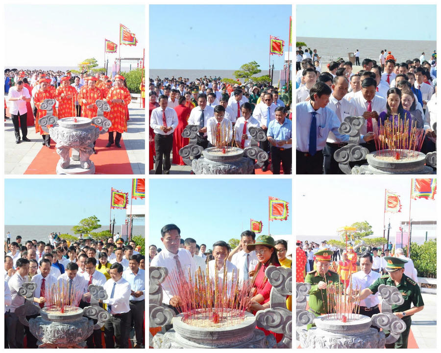 Lãnh đạo tỉnh Cà Mau và đại biểu thực hiện nghi thức dâng hương tại lư hương lớn trước Đền thờ Đức Quốc Tổ Lạc Long Quân.