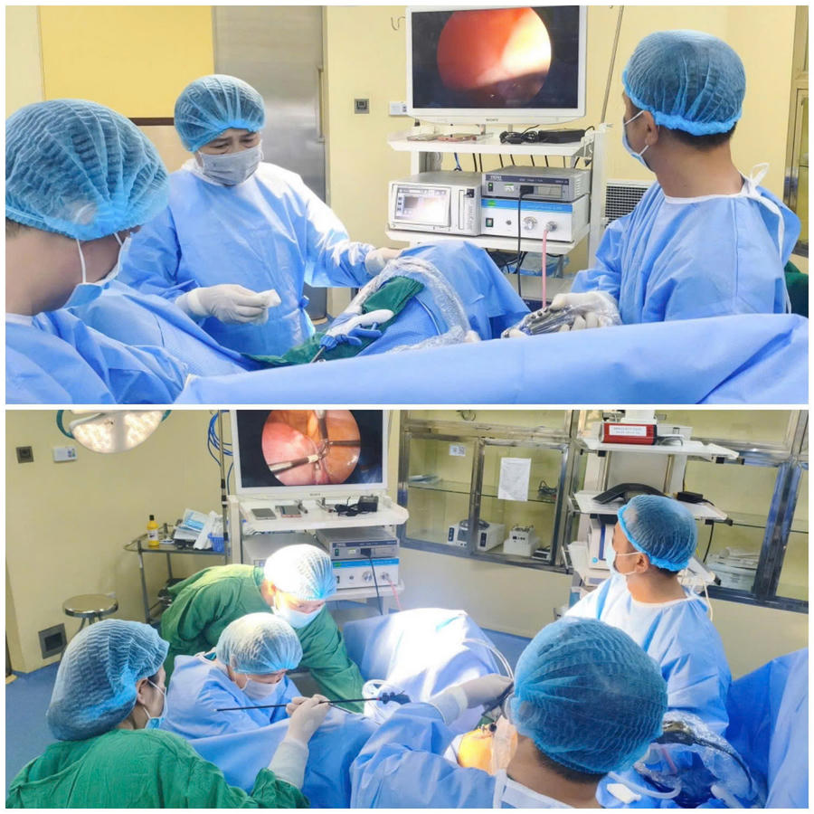 TTƯT.BS.CKI Nguyễn Thị Thanh Thủy và BS.CKI Phan Minh Tài cùng ê kíp cẩn thận bóc tách khối u. Phương pháp phẫu thuật nội soi cắt hoàn toàn tử cung và hai phần phụ giúp loại bỏ khối nhân xơ mà không cần mổ mở.