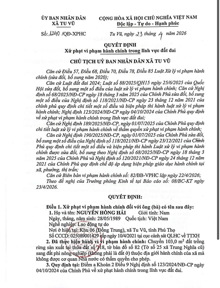 Quyết định xử phạt vi phạm hành chính trong lĩnh vực đất đai của UBND xã Tu Vũ đối với hộ gia đình anh Nguyễn Hồng Hải và buộc khôi phục lại nguyên trạng trong vòng 7 ngày.