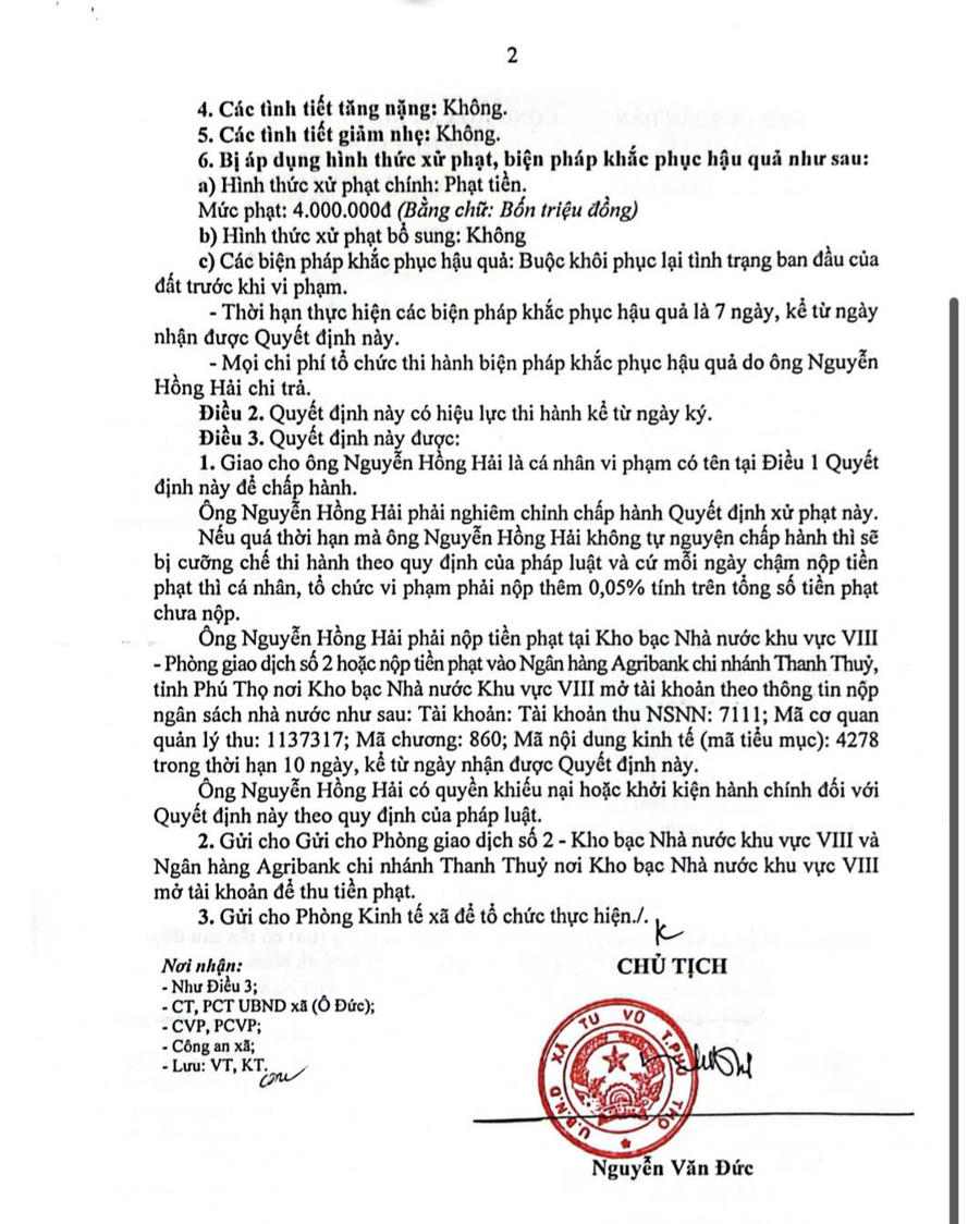 Quyết định xử phạt vi phạm hành chính trong lĩnh vực đất đai của UBND xã Tu Vũ đối với hộ gia đình anh Nguyễn Hồng Hải và buộc khôi phục lại nguyên trạng trong vòng 7 ngày.