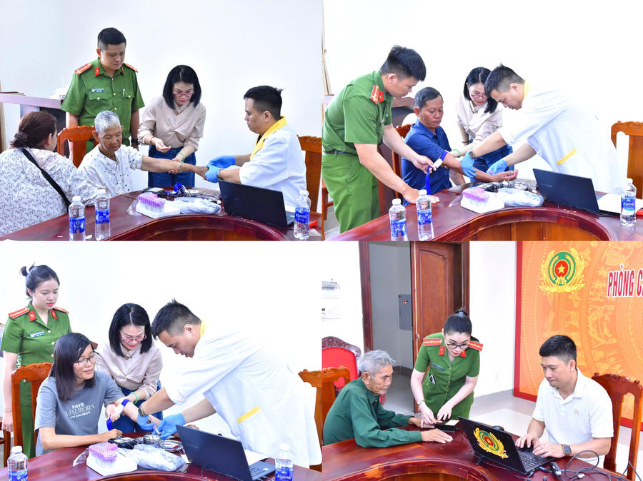 Thân nhân liệt sĩ được cán bộ, chiến sĩ hướng dẫn và thu nhận mẫu ADN theo đúng quy trình.