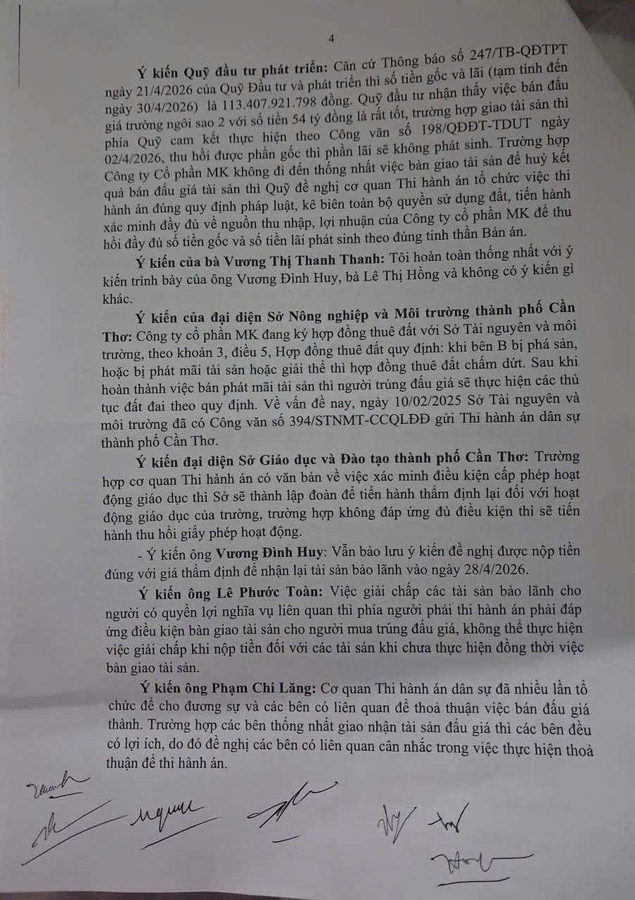 Biên bản về việc giải quyết việc thi hành án liên quan Cty MK.