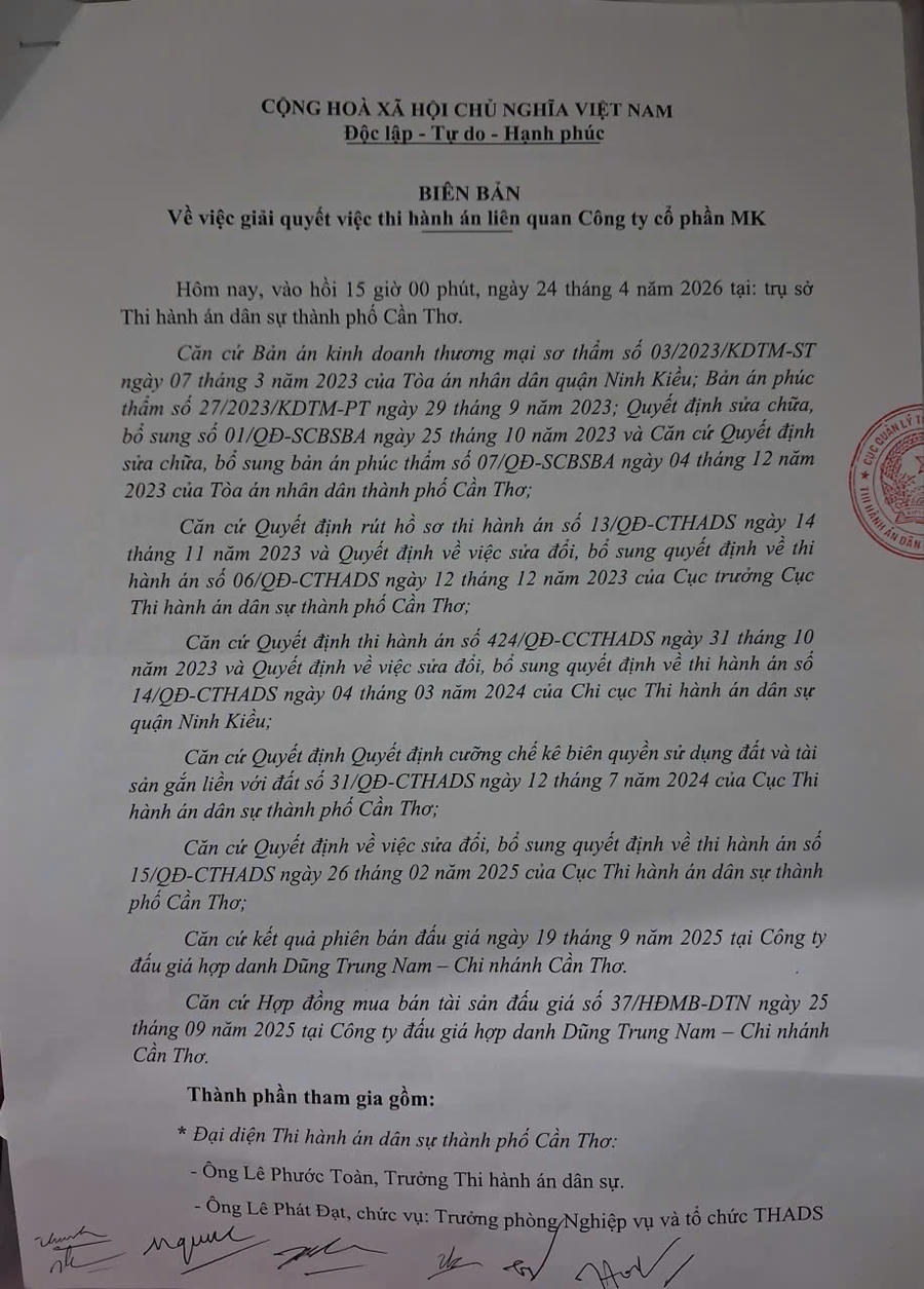 Biên bản về việc giải quyết việc thi hành án liên quan Cty MK.