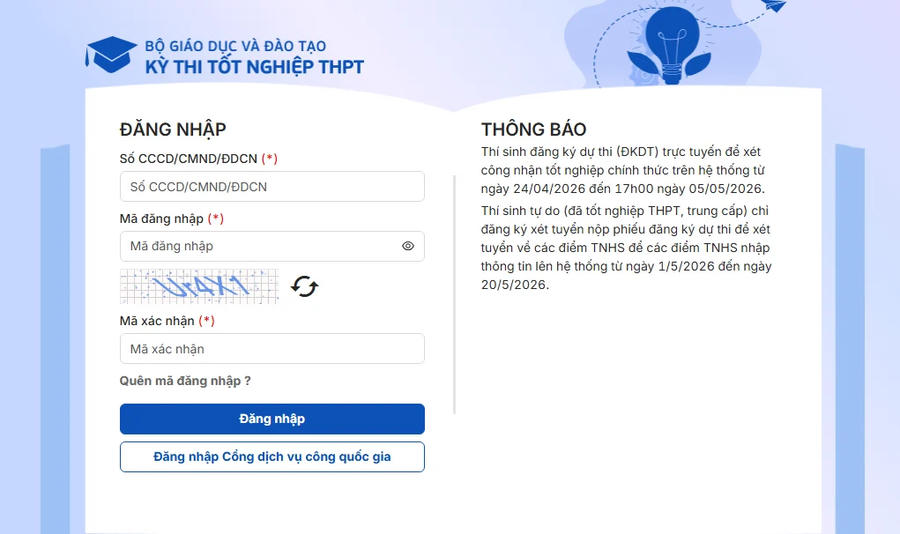 Cổng đăng ký dự thi tốt nghiệp THPT 2026.