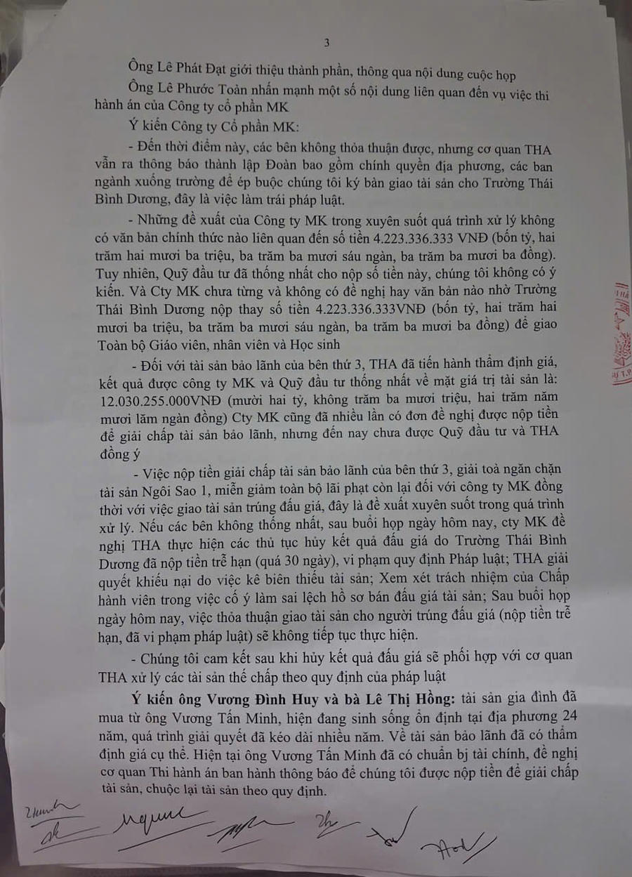 Biên bản về việc giải quyết việc thi hành án liên quan Cty MK.